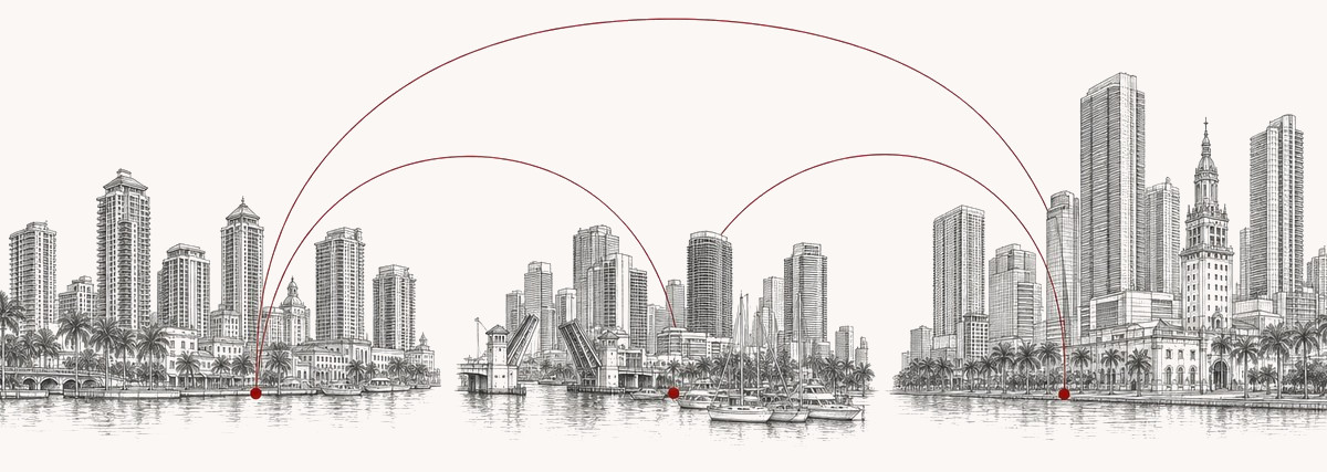 Hand drawn sketch of the West Palm Beach, Fort Lauderdale and Miami skylines connected by crimson lines
